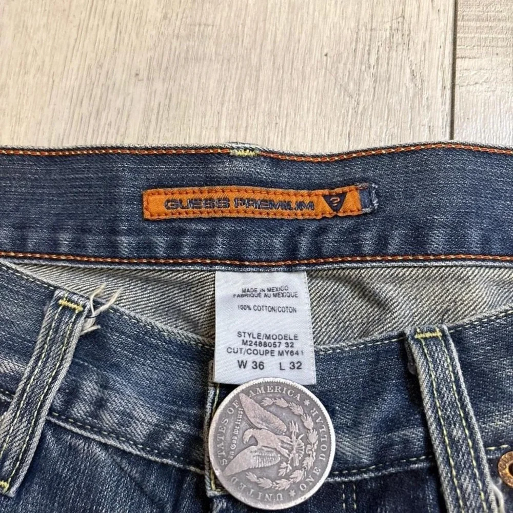 Guess blue‎ distress  denim shorts with orange stitching, Size: W 36 L 32
